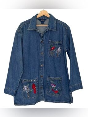 Natural Impressions Blue Denim Embroidered Jacket Size Large Cardinal Whimsical